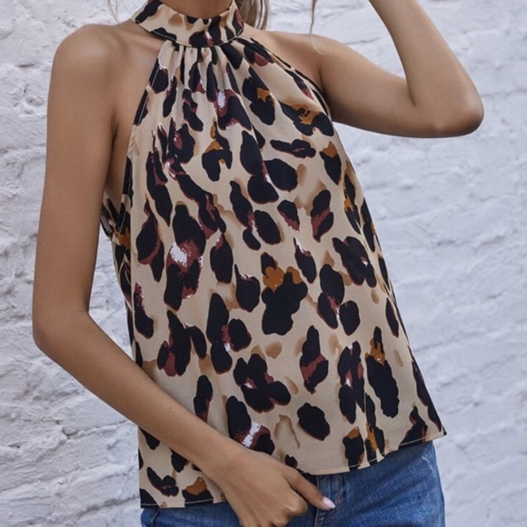 Boho Camel Tan leopard Print Halter Sleeveless Top - Picture 4 of 4